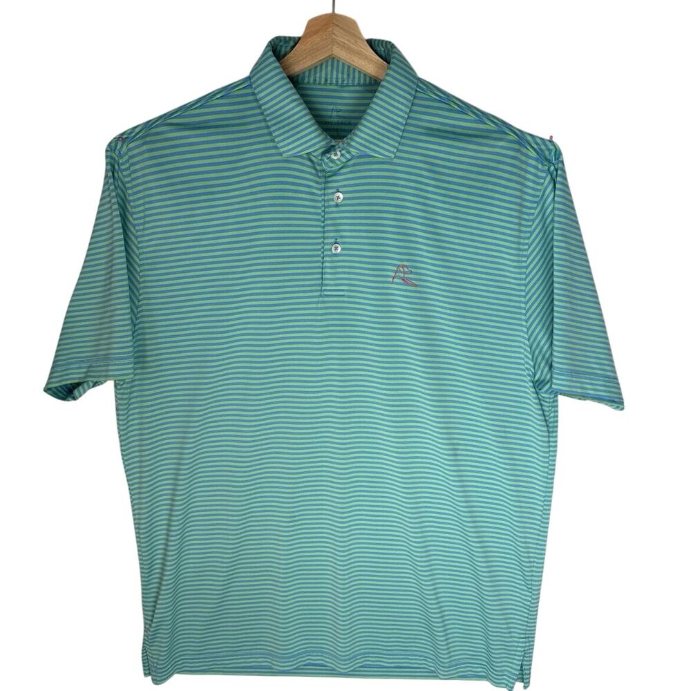 Rhoback Men's Performance Polo Golf Shirt Green Blue Striped Short Sleeve Size L